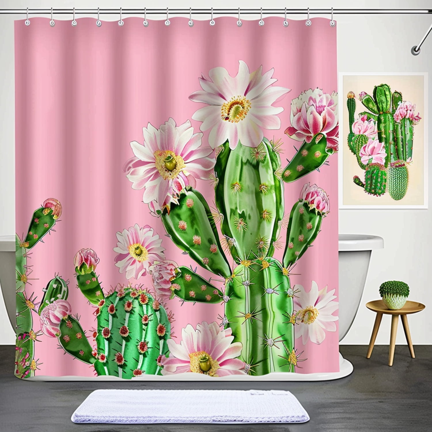 Cactus Flower Shower Curtain Set Pink Bathroom Decor ching Curtains and