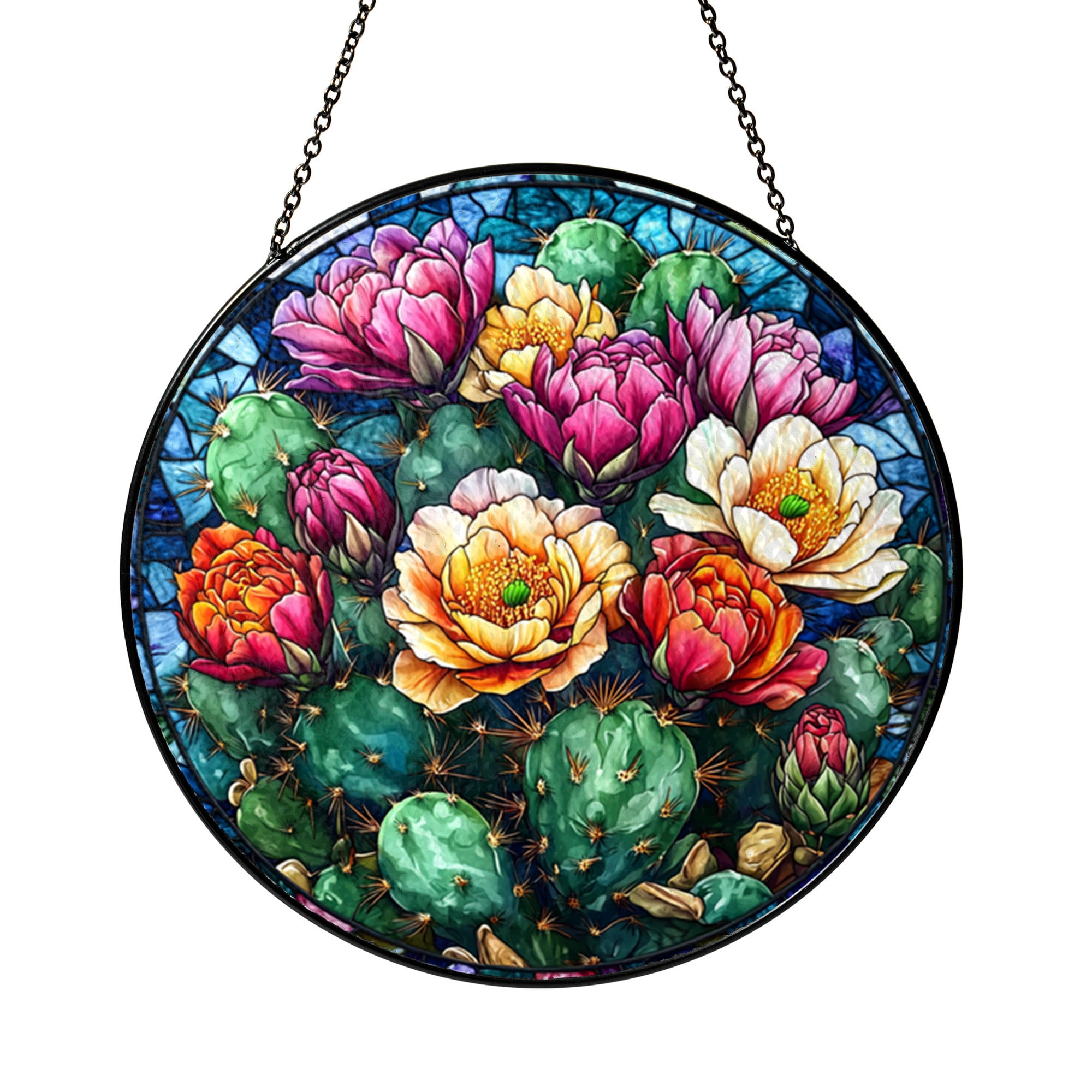 Cactus Flower Stained Glass Suncatcher, Round Window Hanging, Pink ...