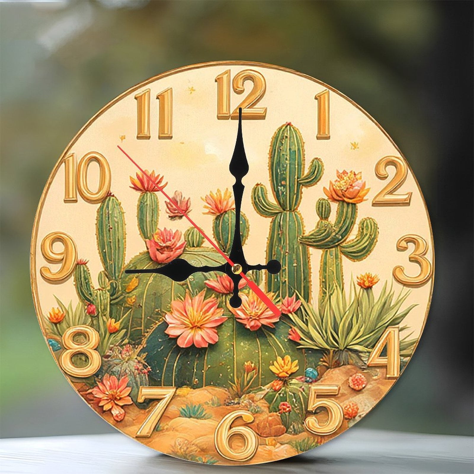 Cactus Flower Wall Clock Desert Decor 10-Inch Silent Wooden Wall Clock ...