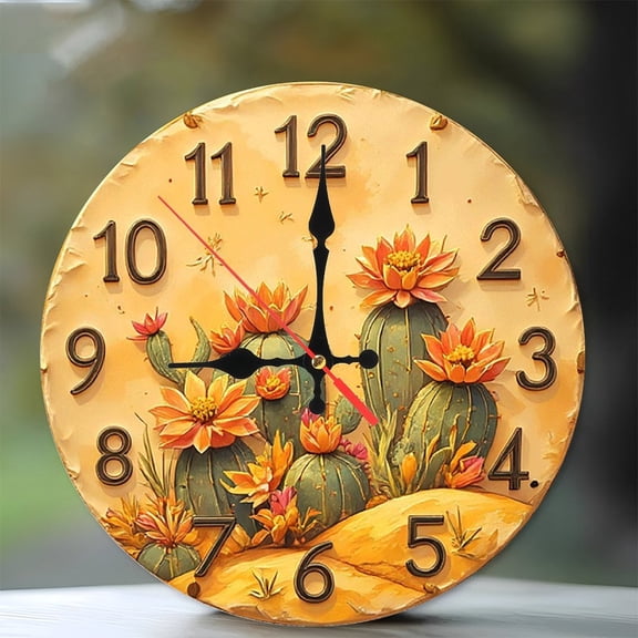 Cactus Flower Wall Clock Desert Decor Home 10-Inch Silent Wooden Wall Clock, Battery Operated (AA Batteries Not Included), Artistic Home Decor