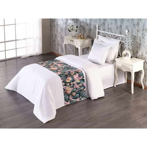 Cactus Flowers Bed Runner, Modern Design of Blooming Desert Floral Pattern Blush Tone Colors, Decorative Accent Bedding Scarf for Hotels Homes & Guest Rooms, Twin, Dark Teal Pale Pink, by Ambesonne