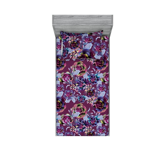 Cactus Flowers Fitted Sheet & Pillow Sham Set, Modern Artwork of Desert Floral with Dreamy Petals Botany Design, Decorative Printed 2 Piece Bedding Decor, Twin, Dark Magenta Ceil Blue, by Ambesonne