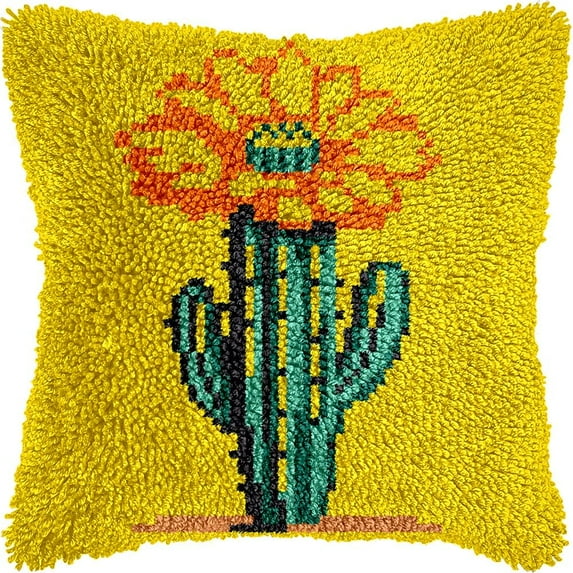 Cactus Flowers Latch Hook Kits Pillow DIY Pillowcase Crochet Hook Cushion Making Kits with Preprinted Pattern Canvas Instruction Yarns Pillow Cover Easy Starter DIY Crochet Kits 43x43cm(X36)