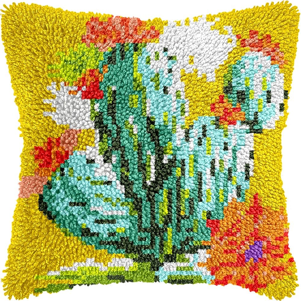 Cactus Flowers Latch Hook Pillow Kits for DIY Handmade Throw Pillow Cushion Embroidery Latch Hooking Pillowcase Kits with Preprinted Canvas Crochet Yarn Kits 17''X 17''(g15)