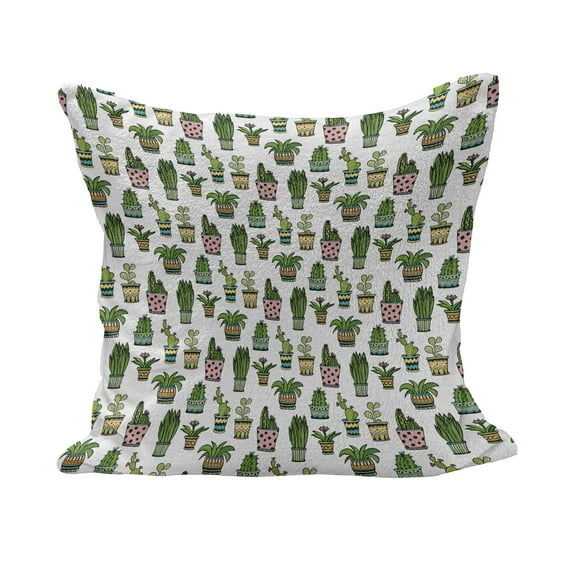 Cactus Fluffy Throw Pillow Cushion Cover, Colorful Succulent Houseplants and Cactus Pattern Doodle Style Flowers Pots, Decorative Square Accent Pillow Case, 16" x 16", Multicolor, by Ambesonne
