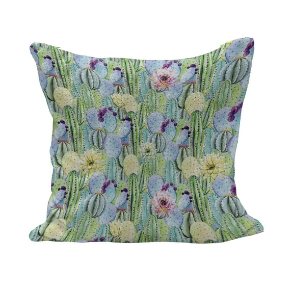 Cactus Fluffy Throw Pillow Cushion Cover, Types of Cactus Plant Pattern with Flowers and Buds Fruits Nature Art Image, Decorative Square Accent Pillow Case, 40" x 40", Green and Blue, by Ambesonne