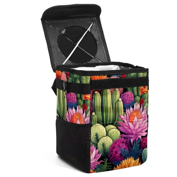 Cactus Foldable Mini Trash Can for Car with Lid, Leak-Proof, and Hanging Storage Bag - Car Trash Can