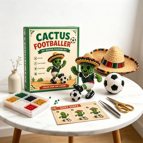 Cactus Footballer 3D Beaded Craft Kit, DIY Handmade Figurine Making Set with Tools & Step-by-Step Guide for Hobbyists & Collectors