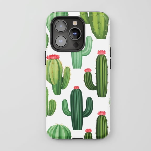 Cactus For All iPhone Series Tough Phone Case Nature Art Style Green White