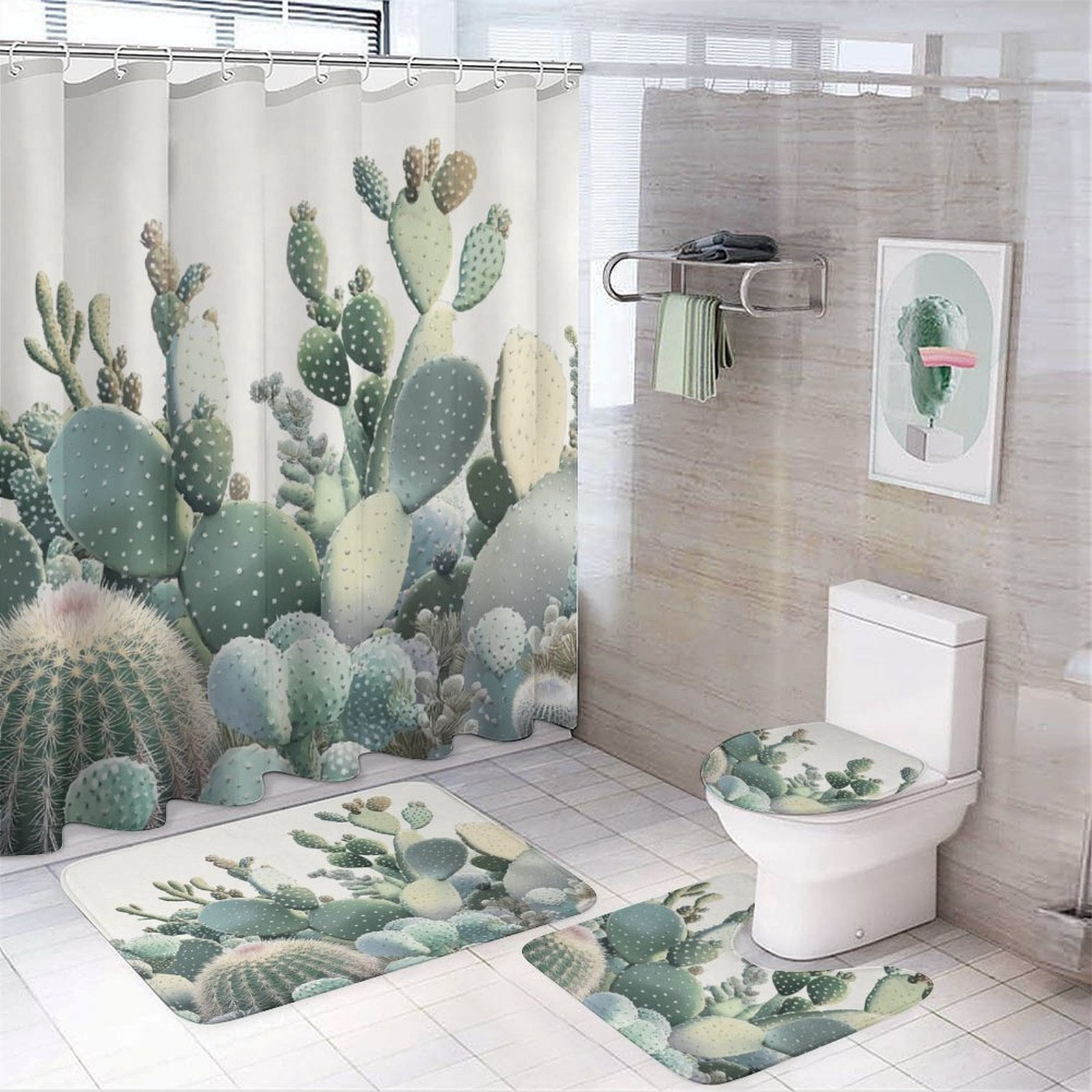 Cactus Garden 4 Pcs Shower Curtain Sets with Rugs Toilet Lid Cover and Bath Mat Summer Green Cactus Succulent Plants Decorative Waterproof Personality