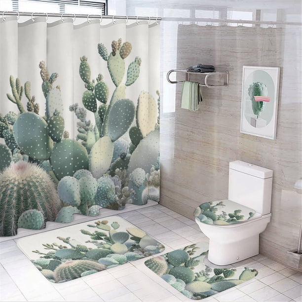 Cactus Garden 4 Pcs Shower Curtain Sets with Rugs Toilet Lid Cover and Bath Mat Summer Green Cactus Succulent Plants Decorative Waterproof Personality