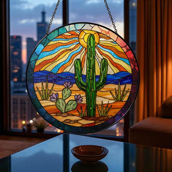 Cactus Glass Suncatcher, Desert Plant Window Hanging Southwestern, 3.5 in
