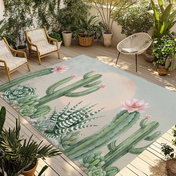 Cactus Green Tropical Outdoor Rug for Patio/Deck/Porch, Non-Slip Large Area Rug 6 x 9 Ft, Summer Sunset Ombre Indoor Outdoor Rugs Washable Area Rugs, Reversible Camping Rug Carpet Runner