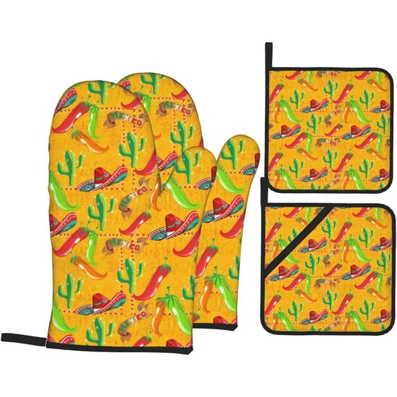 Cactus Hat and Chili Pepper Print Personality Oven Mitts Pot Holders Set of 4 for Chef Baking Cooking Grilling