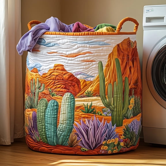 Cactus Heaven Quilted Laundry Basket, with Handles, Foldable Clothes Hamper for Bedroom Storage