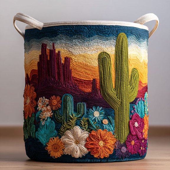 Cactus Horizon Quilted Laundry Basket, Desert Horizon Hamper, Boho Southwest Organizer
