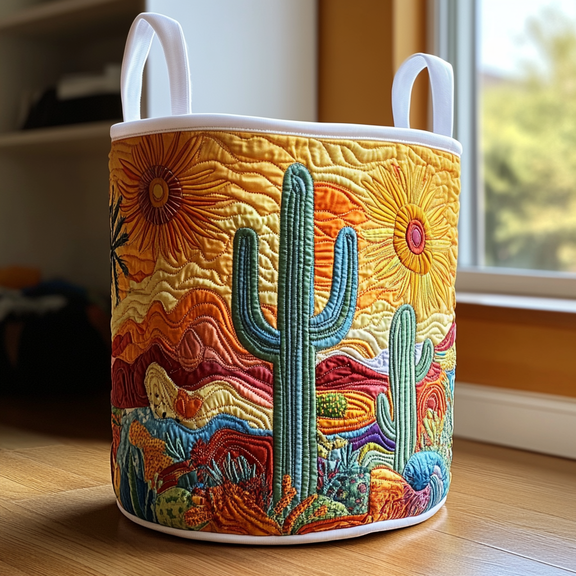 Cactus Horizon Quilted Laundry Basket, with Handles, Foldable Clothes Hamper for Bedroom Storage