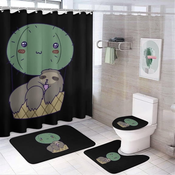 Cactus Hot Air Balloon Sloth 4Pcs Shower Curtain Set Washable Bathroom Sets with Toilet Lid Cover and Non-Slip Rug Bath Accessories Decor