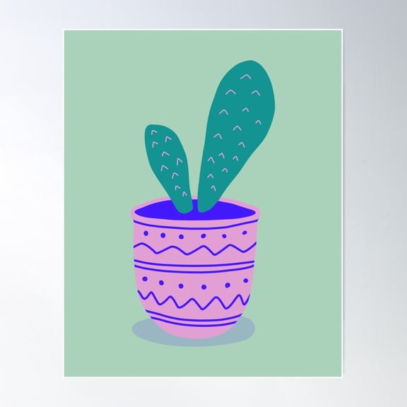 Cactus House Plant In Pot (Green/Pink/Blue) Poster Wall Art, Modern Wall Decor For Living Room Bedroom, 24x36 UNFRAMED