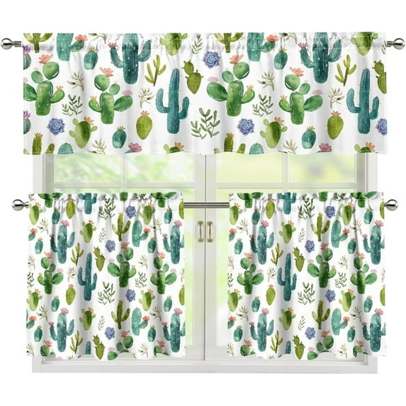 Cactus Kitchen Cafe Window Tier Curtains and Valance 3 Pieces Set Rod Pocket Window Valances Panel Privacy Short Drapes Window Treatment for Bedroom Country