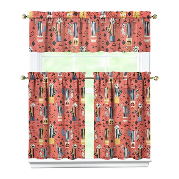 Cactus Kitchen Curtains Set of 3, 27.5x36in Polyester Window Valance and Tier Panels, Cute Succulent Plant Short Curtains for Kitchen, Café, RV, or Farmhouse Decor