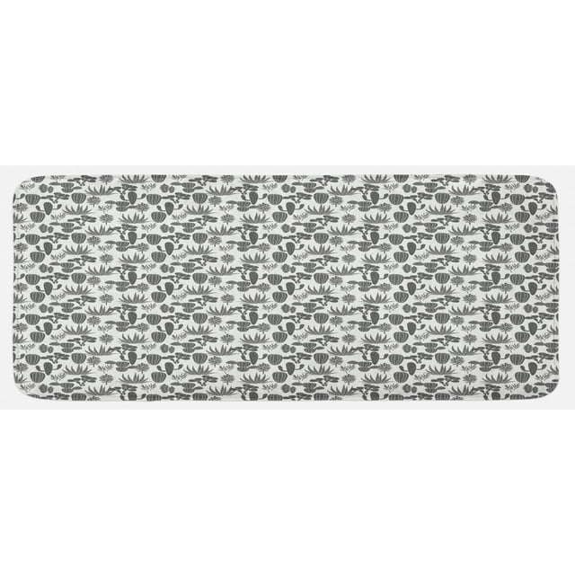 Cactus Kitchen Mat, Pattern of Cacti Plant Silhouettes Greyscale Succulentrrangement Desert Flora, Plush Decorative Kitchen Mat with Non Slip Backing, 47" X 19", Grey Ivory, by Ambesonne