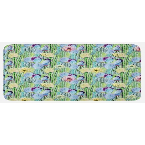 Cactus Kitchen Mat, Types of Cactus Plant Pattern with Flowers and Buds Fruits Nature Art Image, Plush Decorative Kitchen Mat with Non Slip Backing, 47" X 19", Green and Blue, by Ambesonne