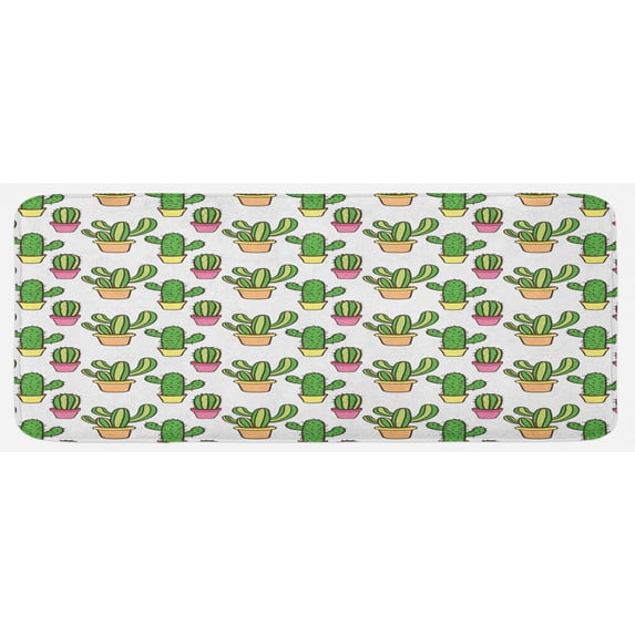 Cactus Kitchen Mat, Vases and Pots with Flowers Cartoon Drawing Colorful Summer Plants Design, Plush Decorative Kitchen Mat with Non Slip Backing, 47" X 19", Peach Pink Green, by Ambesonne