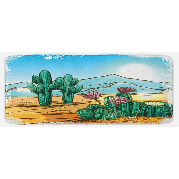 Cactus Kitchen Mat, Vector Image with Cartoon Design Cactus Flowers Mountains Desert Sand Sun Art, Plush Decorative Kitchen Mat with Non Slip Backing, 47" X 19", Multicolor, by Ambesonne