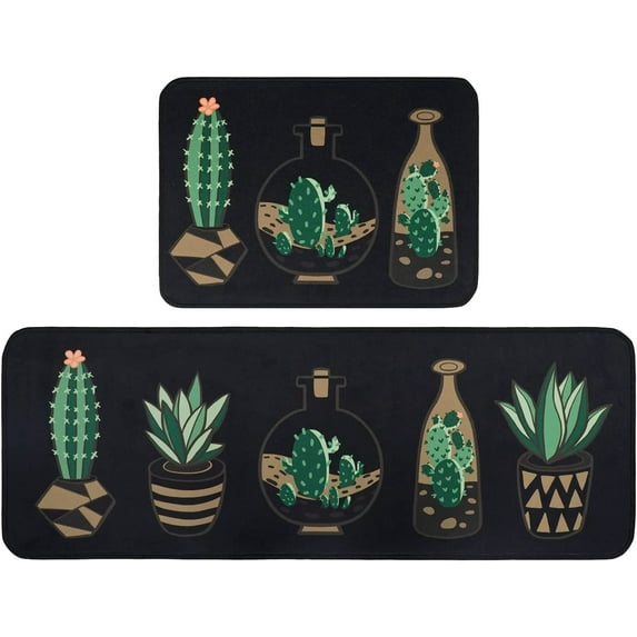 Cactus Kitchen Rug Set,Summer Farmhouse Decorations Black Pattern Runner Rugs with Rubber Backing,Throw Rugs Washable for Kitchen Sink,Standing Desk,Cute Kitchen Rugs