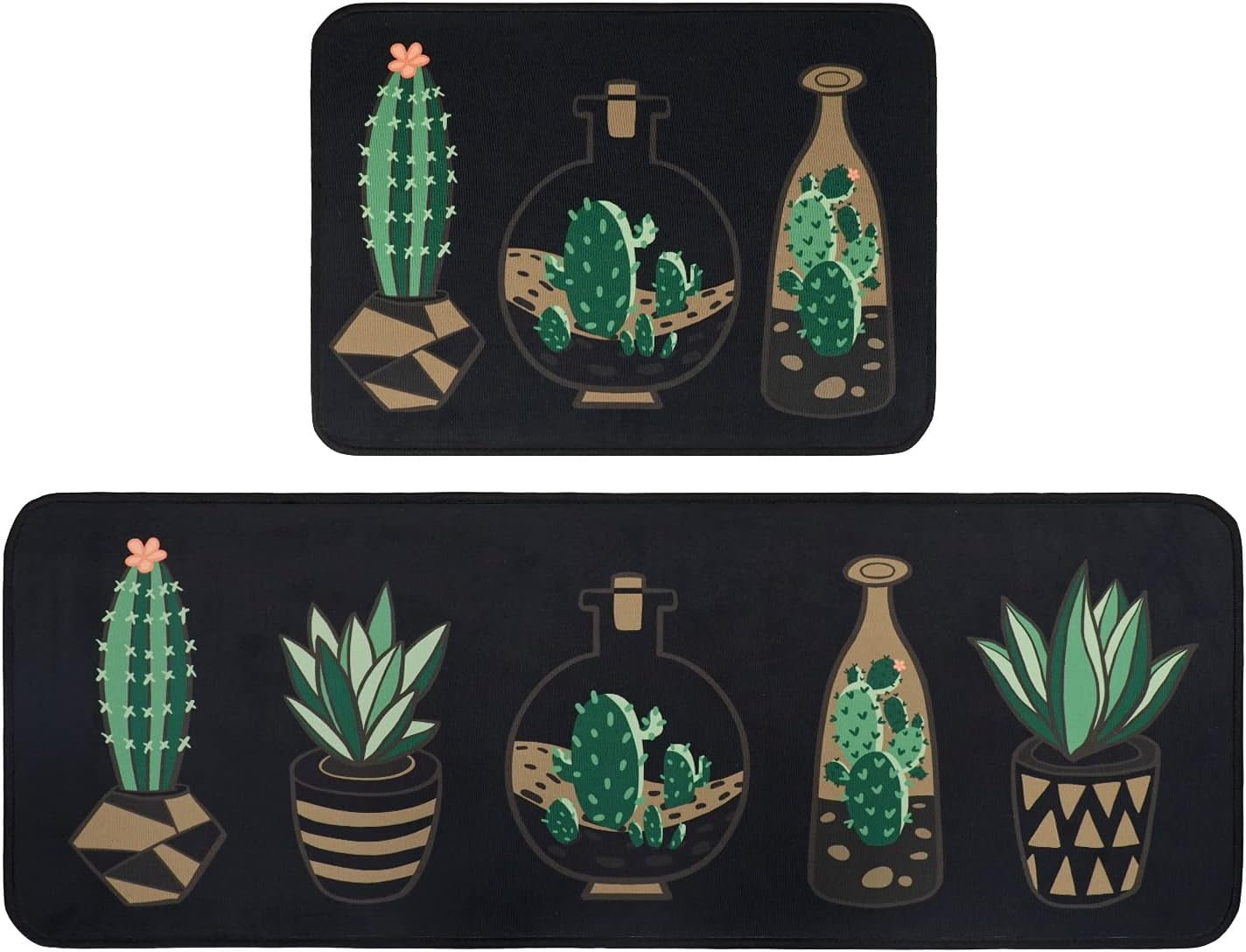 Cactus Kitchen Rug Set,Summer Farmhouse Decorations Black Pattern