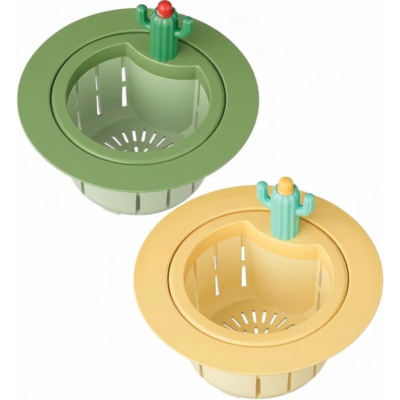Cactus Sink Strainer 2PCS, Anti-Clog Plastic Filter Basket Drain Cover for Kitchen Restaurant, Green Yellow