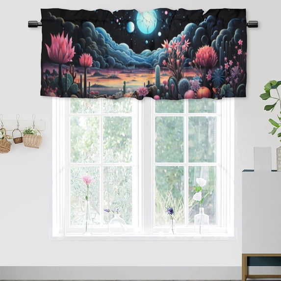 Cactus Kitchen Valance Curtain Rod Pocket Desert Full Moon Mid Century Retro Nature Landscape Thermal Insulated Room Darkening Curtain for Dinning Room 54 by 18 in, 1 Panel