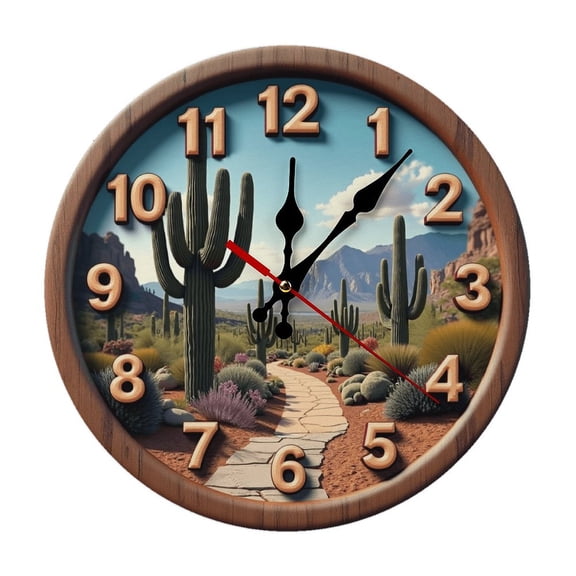 Cactus Landscape Wall Clock 10 Inch Silent Non Ticking Round Clock Decoration for Living Room Kitchen Bedroom Bathroom Office Classroom