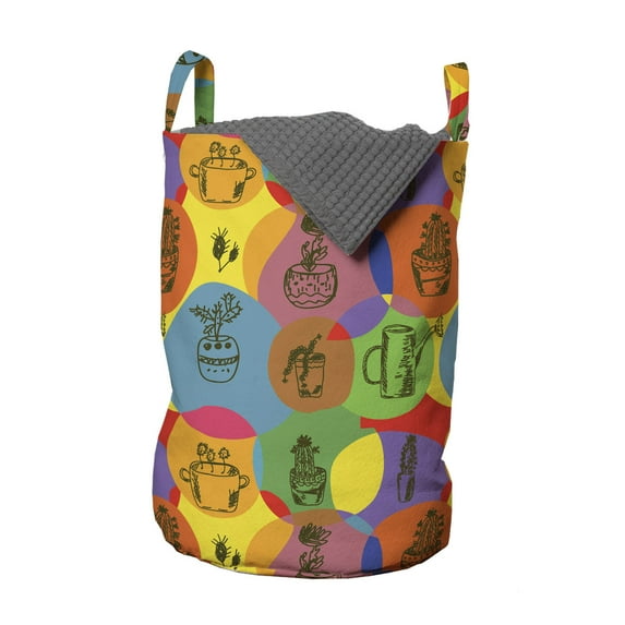 Cactus Laundry Bag, Colorful House Plant Florist Theme Abstract Circular Patterned Background Thorns, Basket with Handles Drawstring Closure for Laundromats, 13" x 19", Multicolor, by Ambesonne