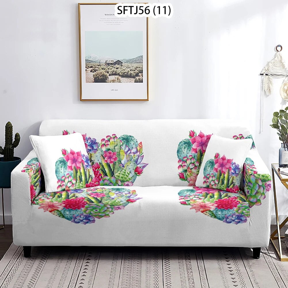 Cactus Leaves Minimalist Style Blue Pink Brown Sofacover Chaise Longue