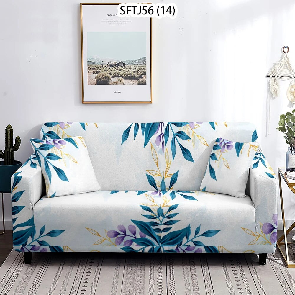 Cactus Leaves Minimalist Style Blue Pink Brown Sofacover Chaise Longue