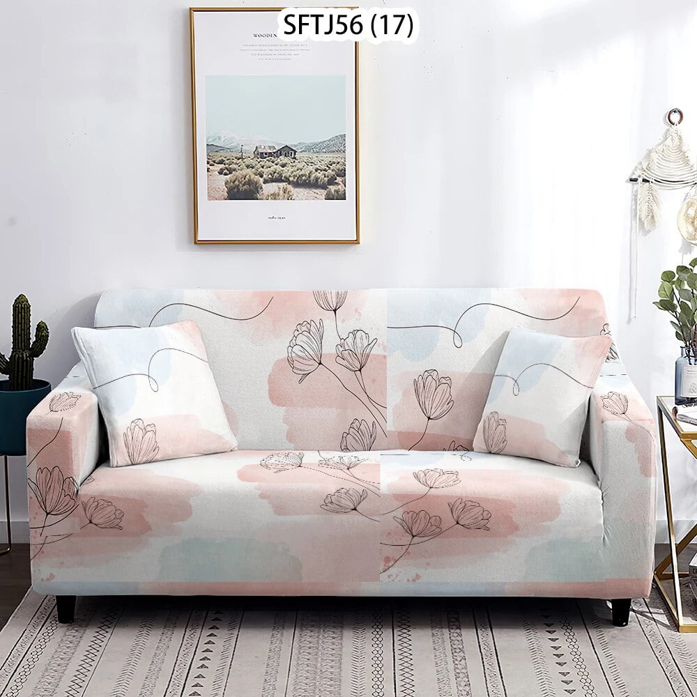 Cactus Leaves Minimalist Style Blue Pink Brown Sofacover Chaise Longue