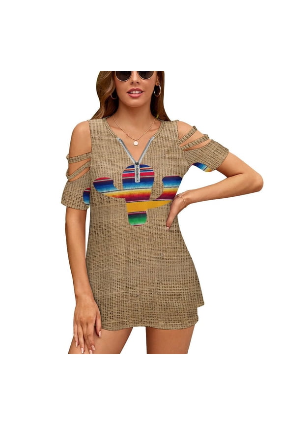 Cactus Linen Background Womens Summer V Neck Zipper Top Short Sleeve T Shirt Off Shoulder Top Casual Classy Loose Shirts