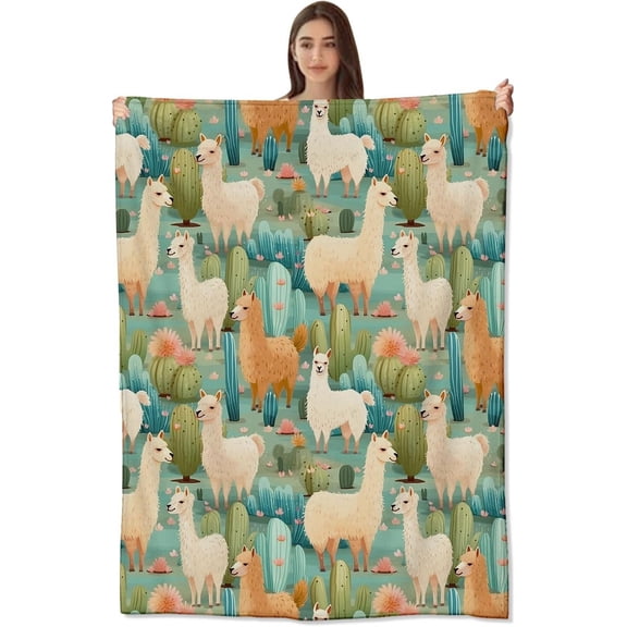 Cactus Llama Print Throw Blanket-Cozy, Plush & Warm Flannel for Boys, Girls-Soft, Comfy, Lightweight for Sofa, Couch, Bedroom, Travel-Robust, Fuzzy,Anti-Pillling Fabric for Outdoor 50×60inch