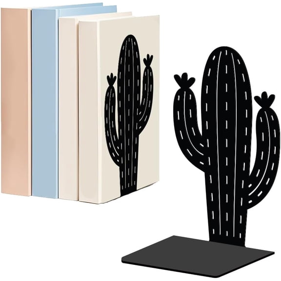 Cactus Metal Bookends for Shelves Decorative 1 Pair Cactus Plant Heavy Duty Books End Support Non-Skid Book Holder Black L-Shaped Book Stopper for Home Office Desk Book Divider 4.7x3.5x7 Inch