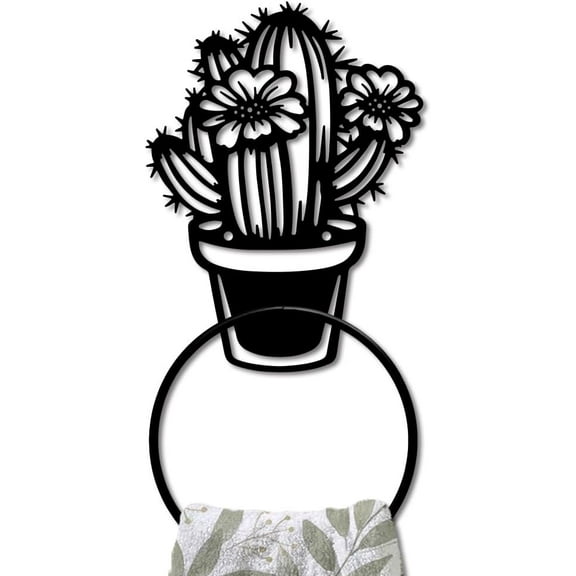 Cactus Metal Towel Ring Cactus Potted Plant Hand Towel Holder Succulent Flowers Towel Ring Black Plant Towel Rack Wall Mounted for Bathroom Kitchen Towel Hanger Home Decors Gift