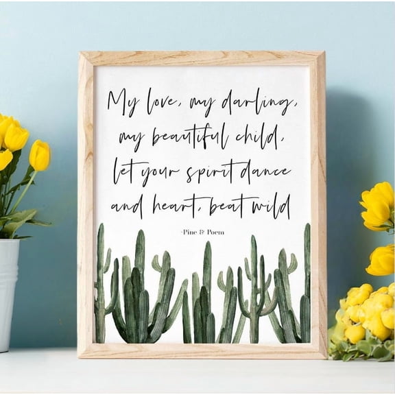 Cactus Nursery Print wood sign Desert Southwest Decor Heart Beat Wild Original Boys Girls Bedroom in Framed Wall Art 8x12 inch