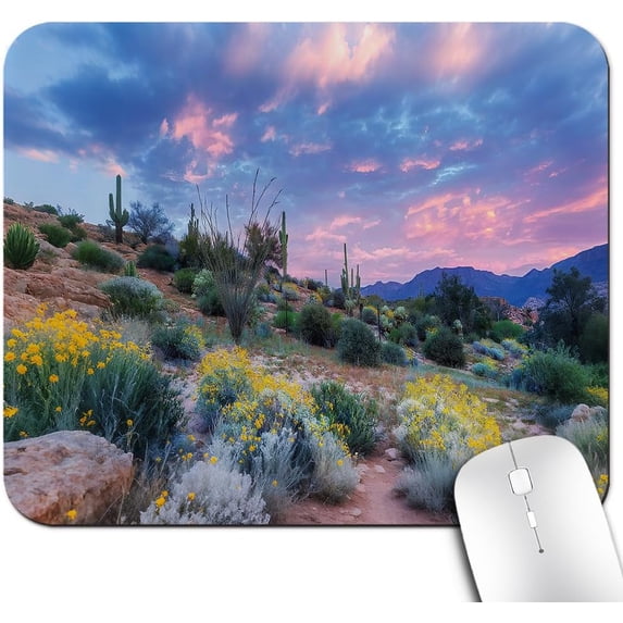 Cactus Office/Gaming Mouse Pad 9.5"x7.9", Anti-Slip Mat for Desk, Sunset in a Mountain with Sun Beams Clouds Bushes and Colored Flowers Photo Print