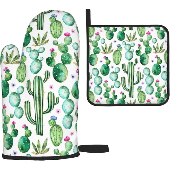 Cactus Oven Mitts and Pot Holders Sets,Heat Resistant Non Slip Kitchen Gloves Hot Pads with Inner Cotton Layer for Cooking BBQ Baking Grilling