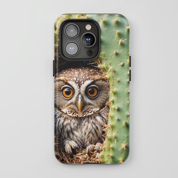 Cactus Owl For All iPhone Series Tough Phone Case Nature Green Brown