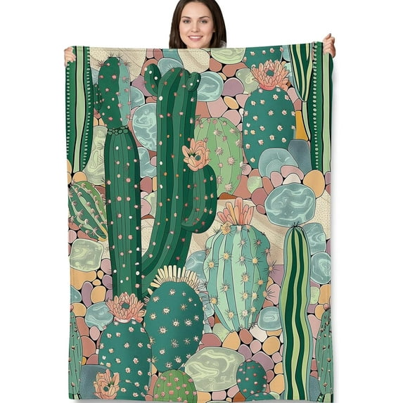 Cactus Pattern Blanket, Desert-Themed Fleece Throw with Colorful Cactus Design, Soft Cozy Lightweight Blanket, for Nature Lovers and Southwestern Decor, 40x50 in