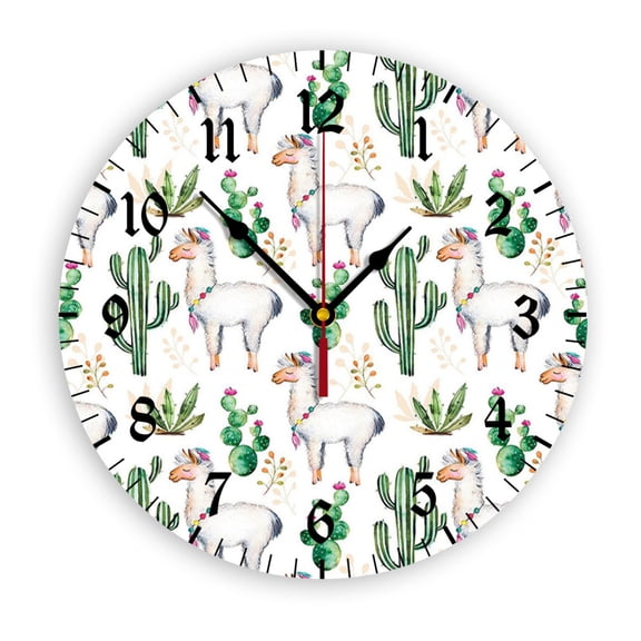 Cactus Pattern with Camel Wall Clock, Battery Operated, PVC Round Silent Non-Ticking Clock with Clear Numbers for Living Room, Kitchen, Bedroom, Office, School Decor 10inch-25cm
