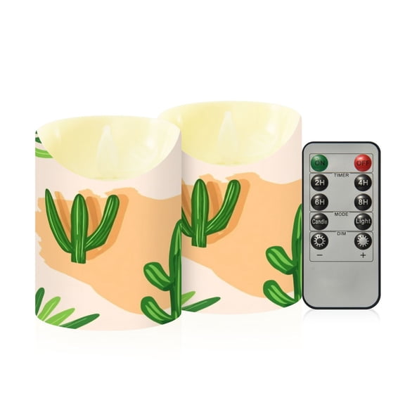 Cactus Pattern Flameless Candles 2 PCS with Remote Realistic Moving Flame LED Tapered Pillar Set for Home Decor