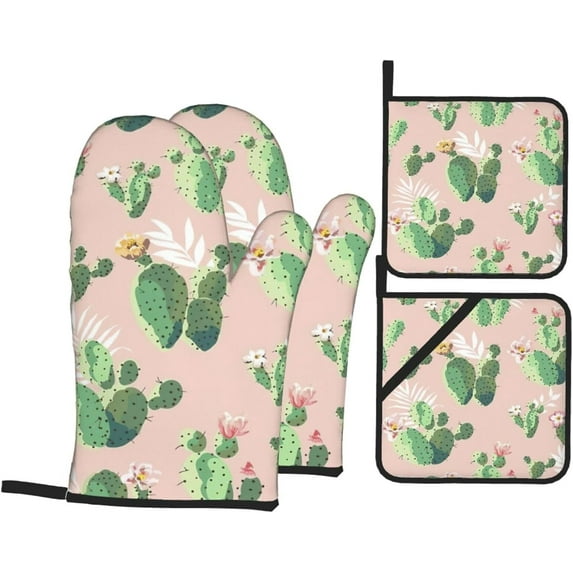 Cactus Pattern Oven Mitts and Pot Holders Sets for Kitchen 4 Pcs 7"X11" Heat Resistant Baking Cooking